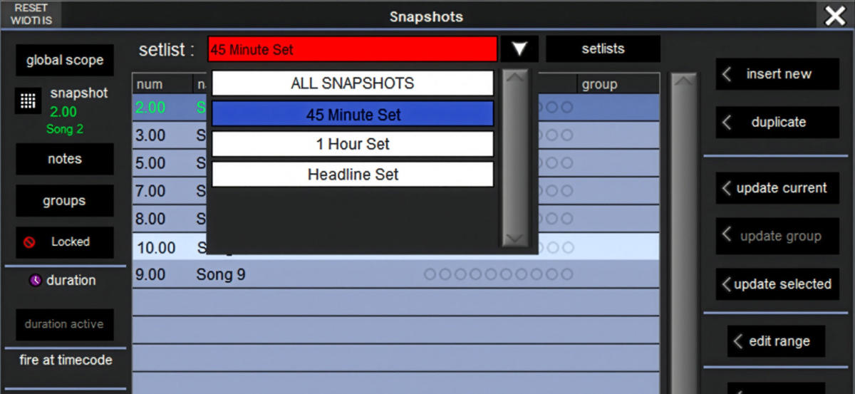 Mit V22 lassen sich Setlists aus einer Bibliothek von Snapshots zusammenstellen – praktisch für Festivals mit variablen Set-Längen.