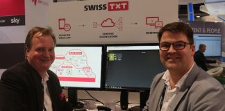 SWISS TXT bietet Untertitel aus der Cloud Robin Ribback und Sascha Quillet von Swiss TXT auf der NAB 2018 am Annova-Stand
