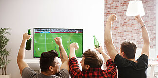 DVB-T2 HD und IPTV: Zwei Welten in einem Produkt Rückansicht von Männern, die ein Fußballspiel verfolgen und jubeln