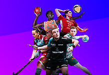 Dyn zieht 1-Jahres-Bilanz Collage von Sportlern vor farbigem Hintergrund