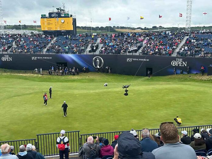 Die Spidercam ELITE über dem 18. Grün von Royal Portrush.
